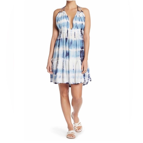 Gorgeous BohoMe blue and white tie dye halter swim cover up dress - Picture 2 of 16